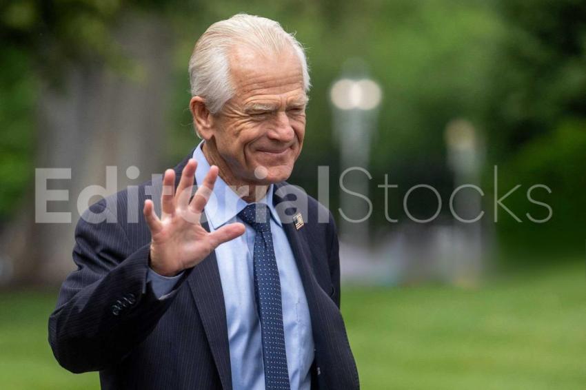 Counselor to the President for Trade and Manufacturing Peter Navarro gestures while speaking to the press outside the White House in Washington, DC, on May 29, 2025.